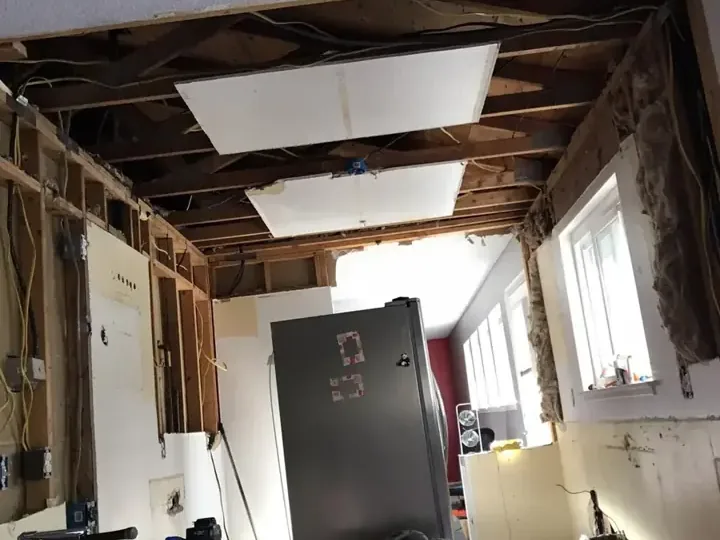 Kitchen ceiling and walls opened so the framing can dry