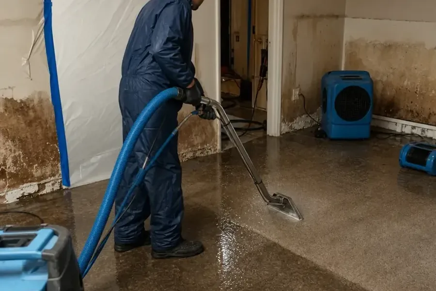 Restoration technician extracting water from a flooded room during an emergency dry-out