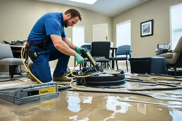 Crew extracting flash flood water from a flooded Encinitas living room