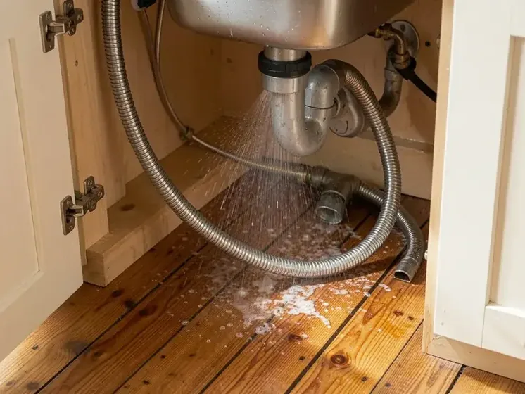 Water pooled on a kitchen floor from a leaking appliance supply hose