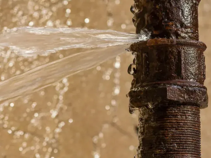 Water spraying from a split, corroded supply pipe