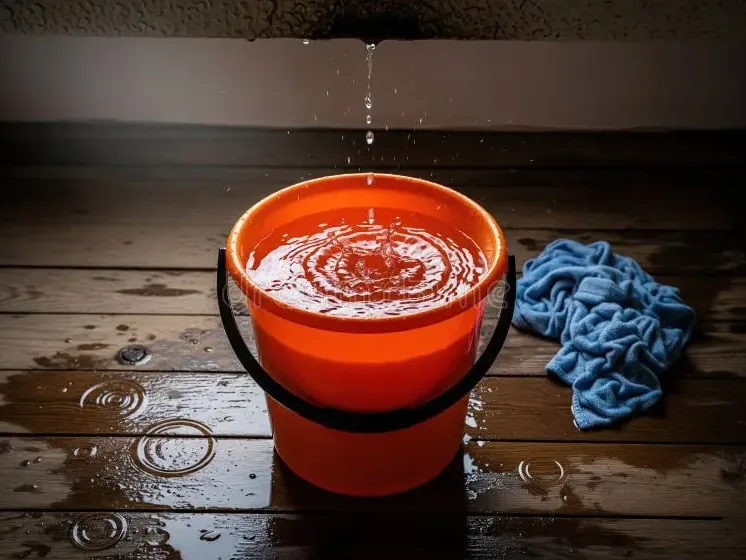 Bucket catching water dripping from a roof leak onto a wood floor