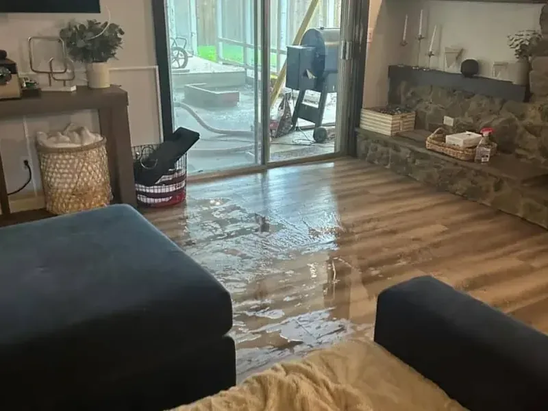 Standing water spread across a living room floor before extraction begins